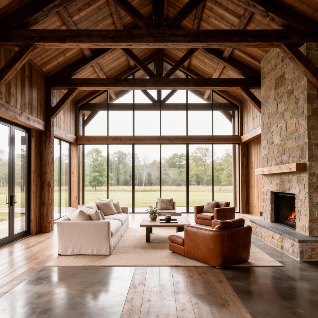 Dom w stylu modern barn — drewniane wiązary, stal i pełne przeszklenia