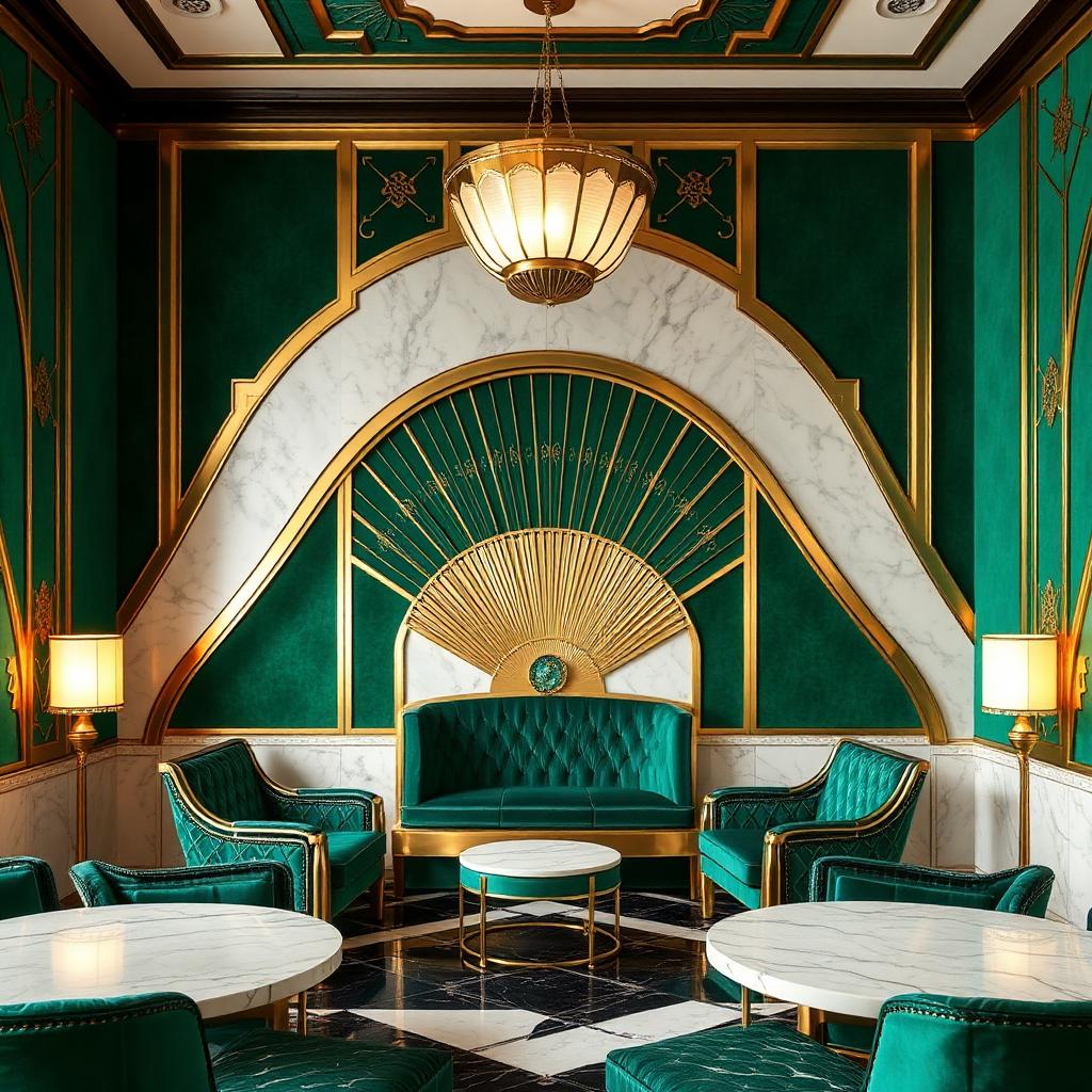 Wnętrze art deco — butelkowa zieleń, mosiądz, marmur i aksamit