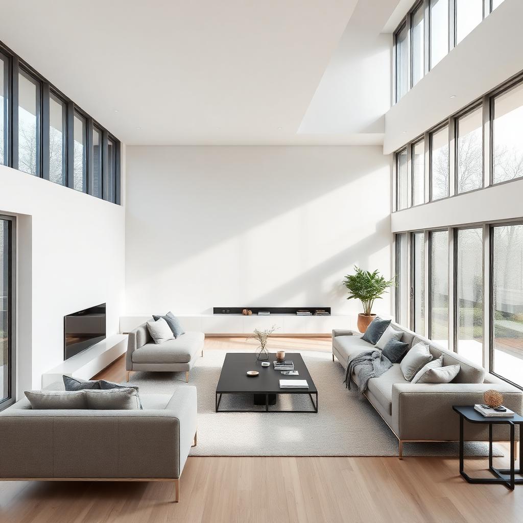 Projektowanie wnętrz w stylu modern — jasny salon z dużymi przeszkleniami